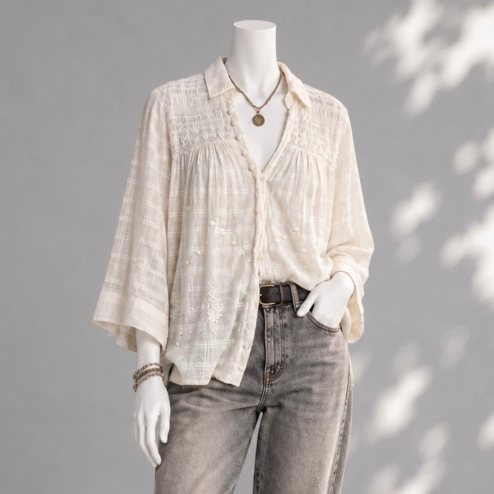 Anthropologie Ivory Embroidered Cotton Blouse 6 Boho Cottagecore Romantic Top